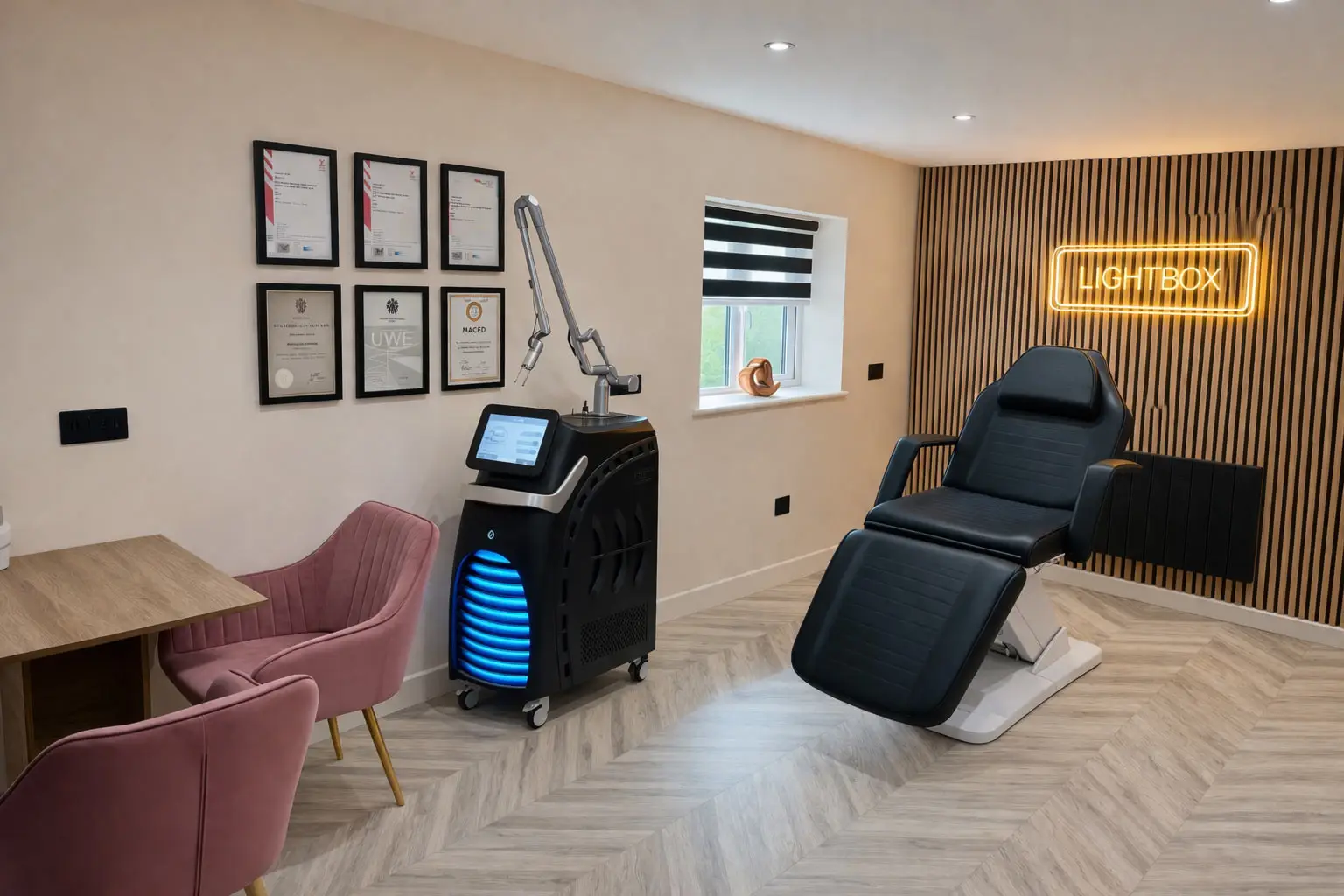 Private laser hair and tattoo removal treatment room at Lightbox Laser Clinic in Feock, Truro