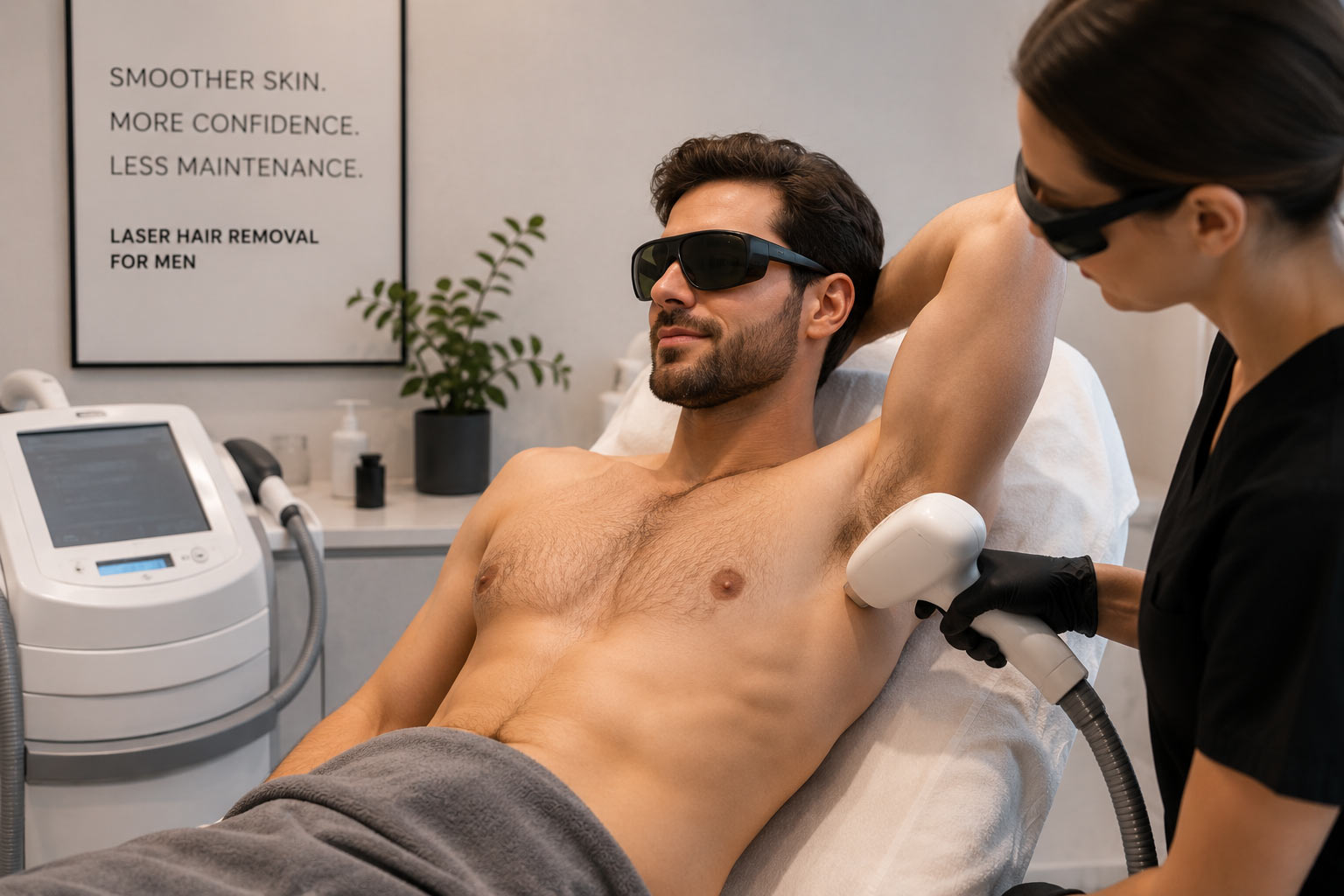 Laser hair removal for men in a professional clinic setting, treating underarm hair with advanced laser technology for long-term hair reduction.