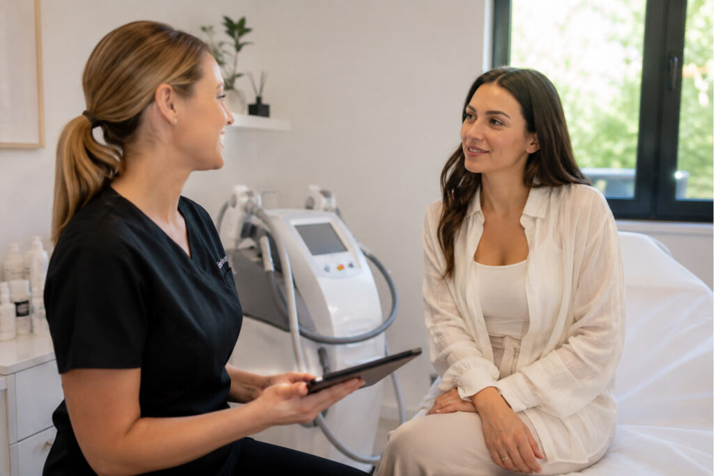 Female client attending a professional laser hair removal consultation in a modern treatment clinic before her first appointment.