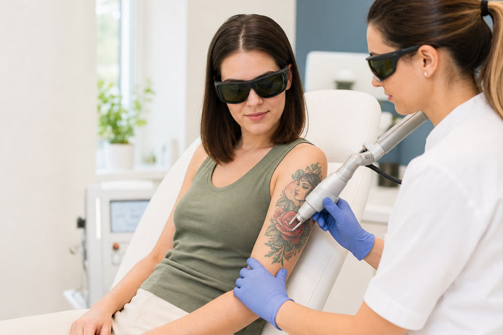 Woman receiving professional laser tattoo removal treatment on a colourful upper-arm tattoo at a modern clinic