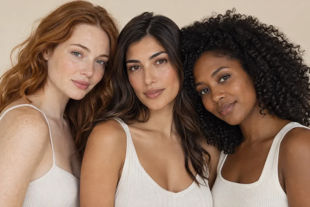 Three women with different hair colours and skin tones, illustrating factors in laser hair removal suitability.