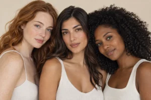 Three women with different hair colours and skin tones, illustrating factors in laser hair removal suitability.