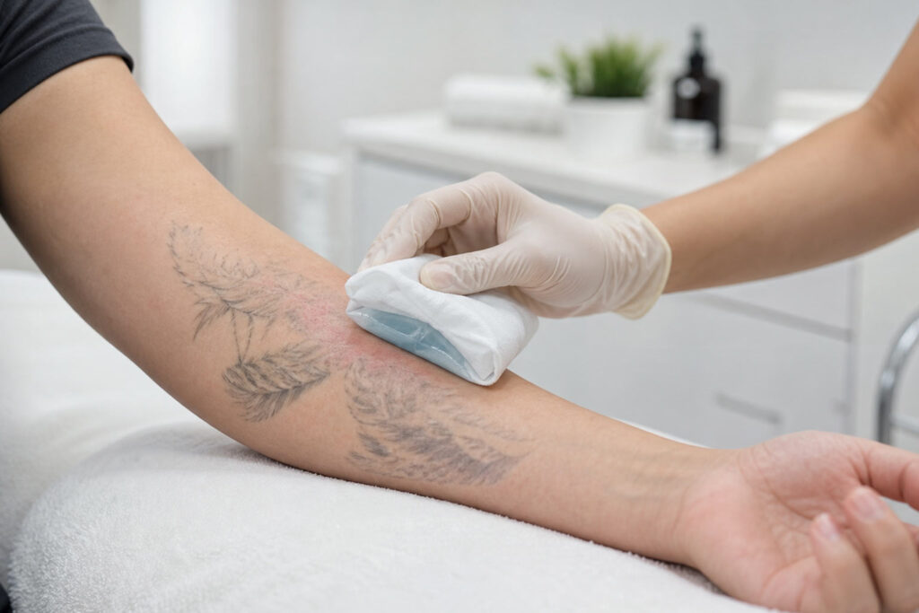 Practitioner applying a cool compress to a partially faded forearm tattoo after laser tattoo removal treatment