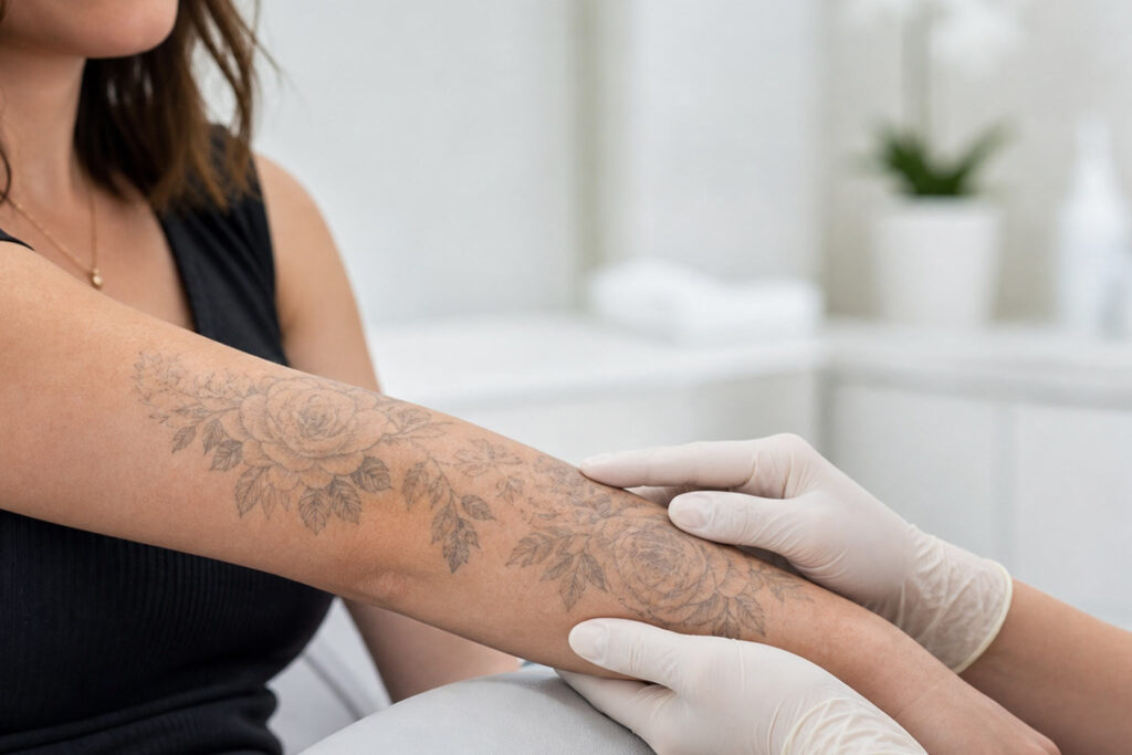 Practitioner examining a partially faded forearm tattoo after an early laser tattoo removal session