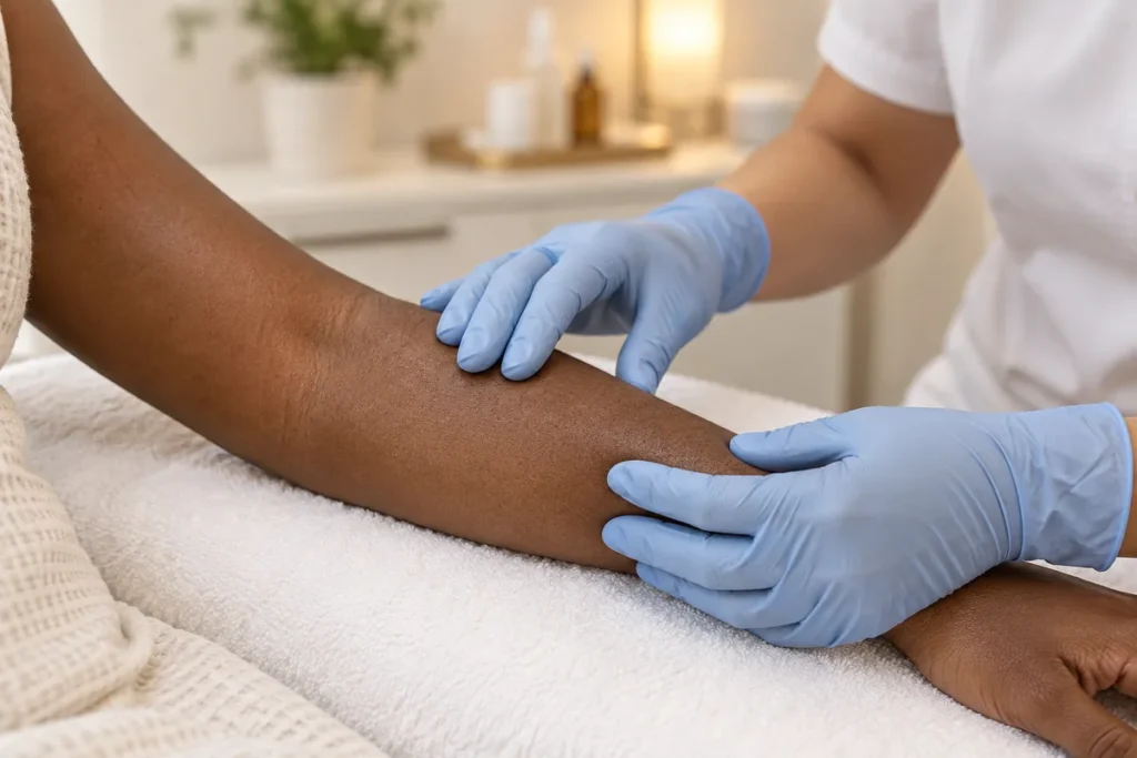 Practitioner examining a client’s darker skin during a consultation before laser hair removal.